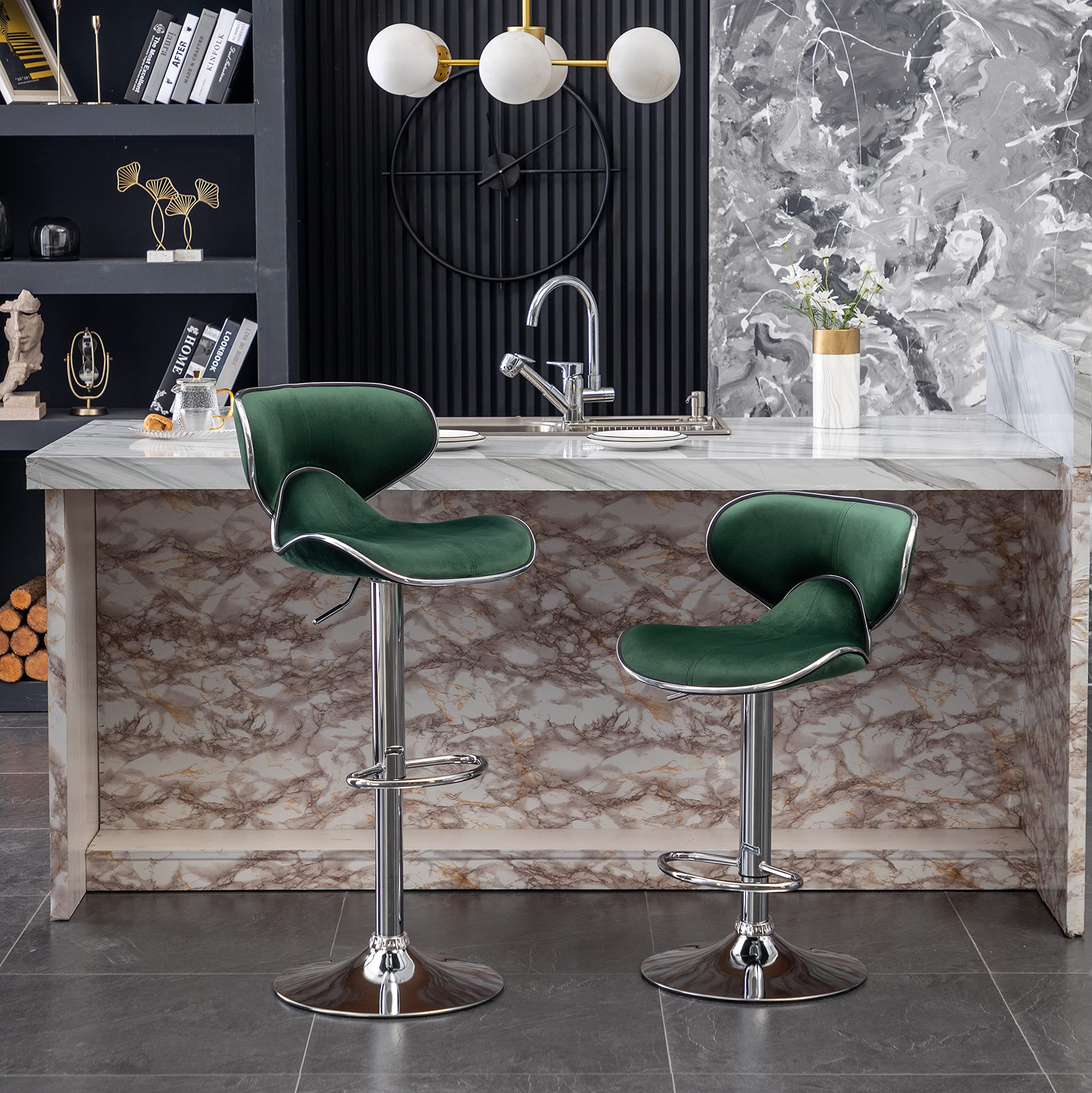 Masaccio Velvet Upholstered Adjustable Swivel Barstool, Set Of 2, Green