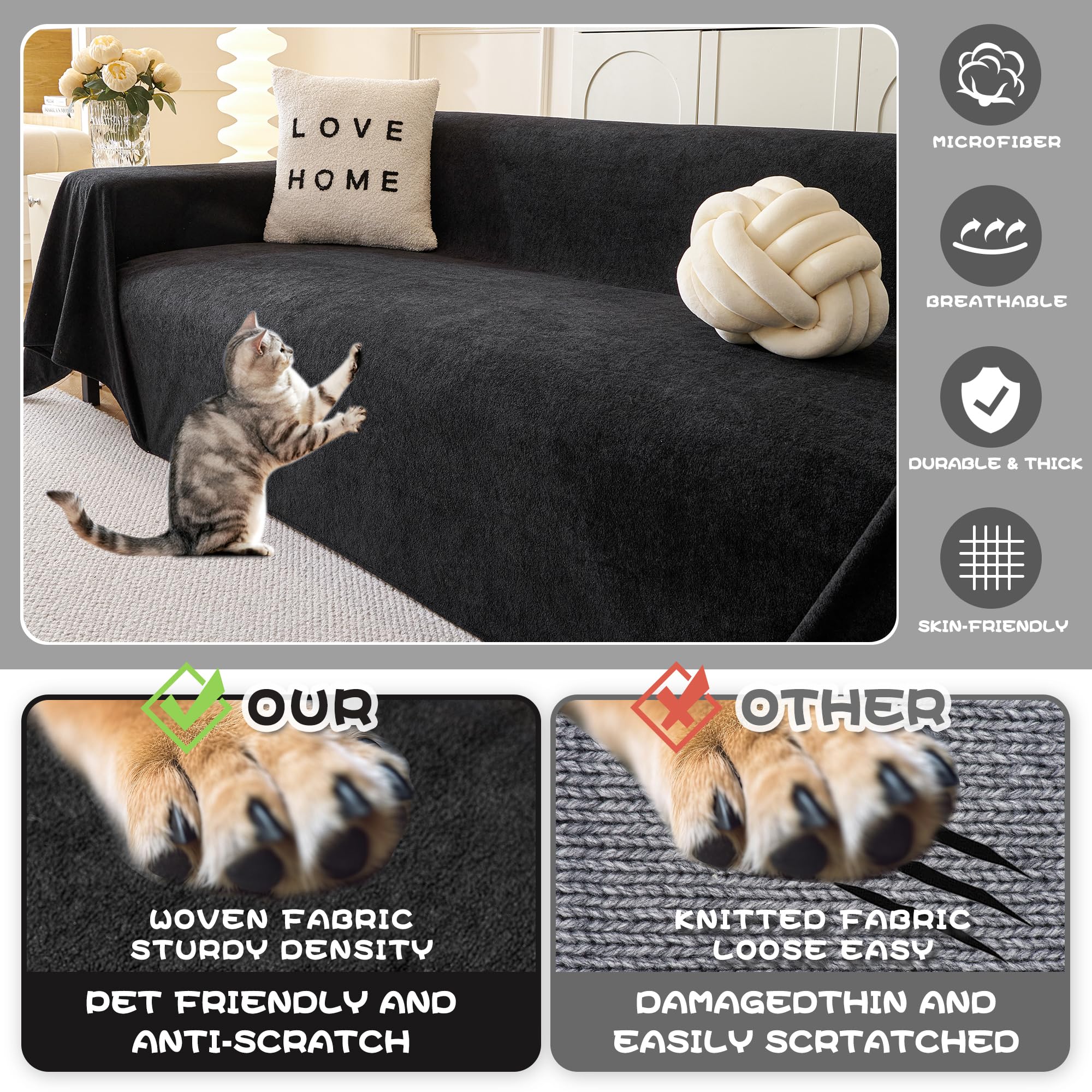 Mysky Home Black Couch Covers For Sectional Sofa, Couch Covers Couch Covers For Dogs Washable Couch Cover Blanket, Non Slip Sofa Slipcovers, Super Soft Sofa Towel For Kids, Pets, 91' X 118'