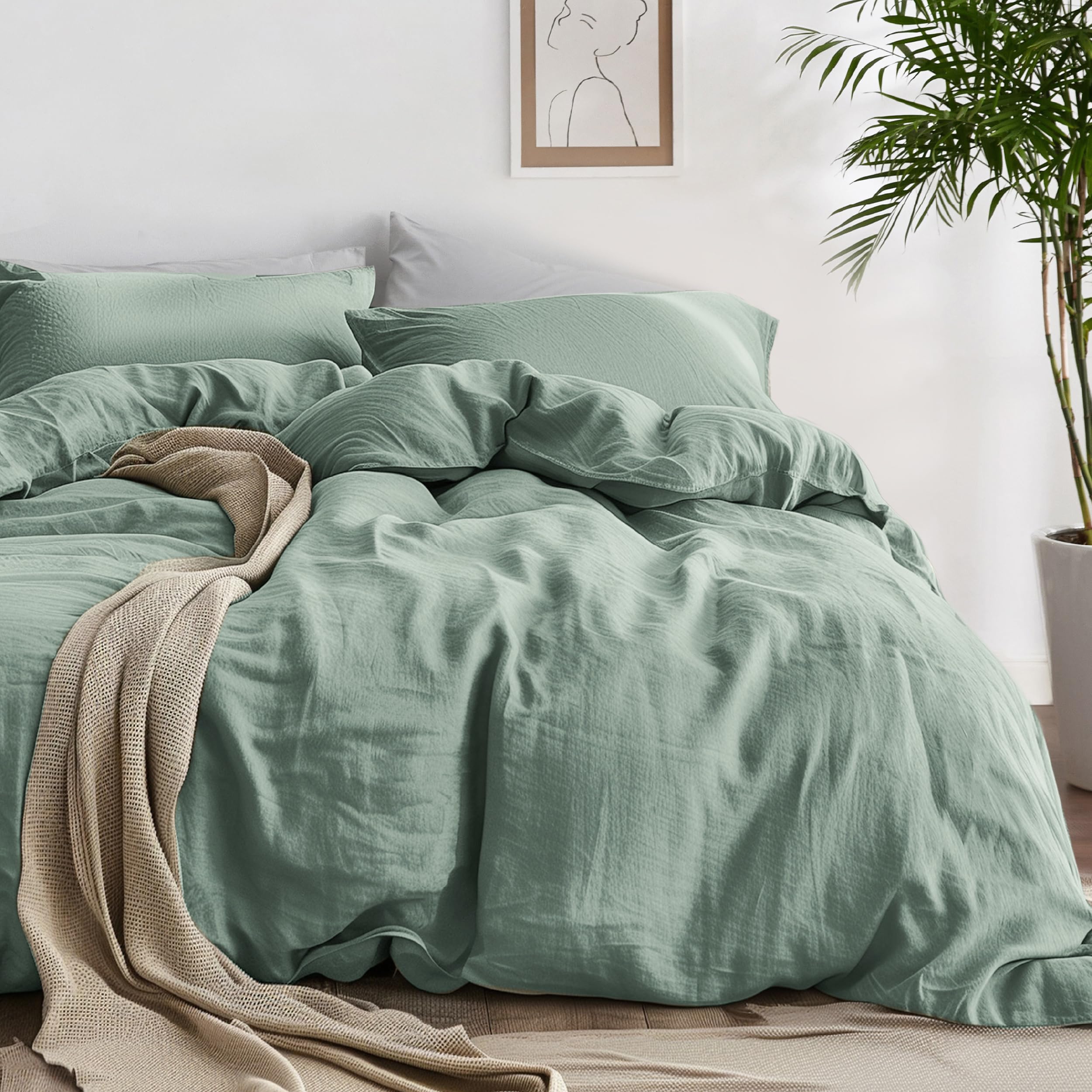 Bedsure 100% Washed Cotton Duvet Cover King Size - Green Minimalist Cotton Duvet Cover Linen Like - 3 Pieces Gentlesoft™ Plain Simple Bedding Set With 2 Pillow Shams (Green, King, 104'X90')