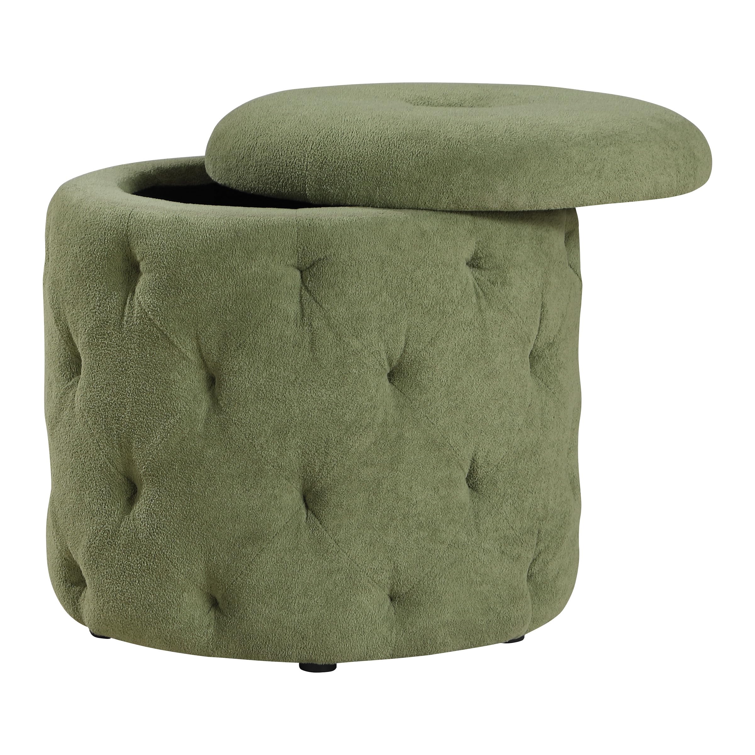 OSP Home Furnishings Erindale Round Storage Ottoman, 18.75 Inch Diamond Tufted, Plush Lined Interior, Moss Green Fabric