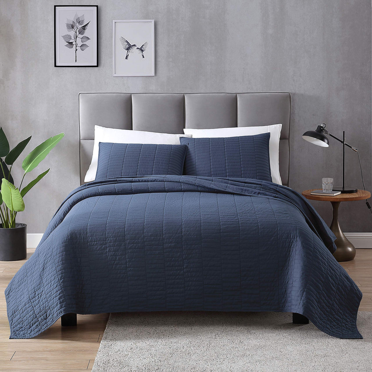 Exq Home Quilt Set King Size Navy 3 Piece,Lightweight Soft Coverlet Modern Style Stitched Quilt Pattern Bedspread Set For All Se