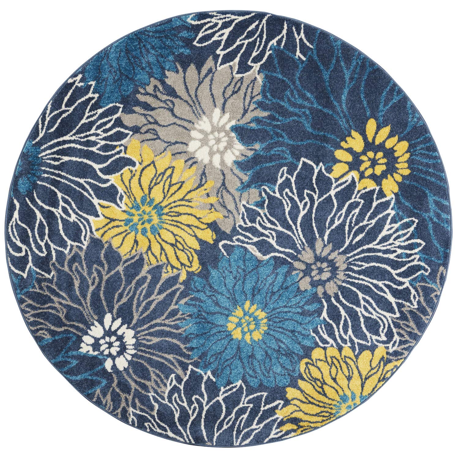 Nourison Passion Blue 4' X Round Area Rug, Floral, Farmhouse, Easy Cleaning, Non Shedding, Bed Room, Living Room, Dining Room, Kitchen, (4' Round)