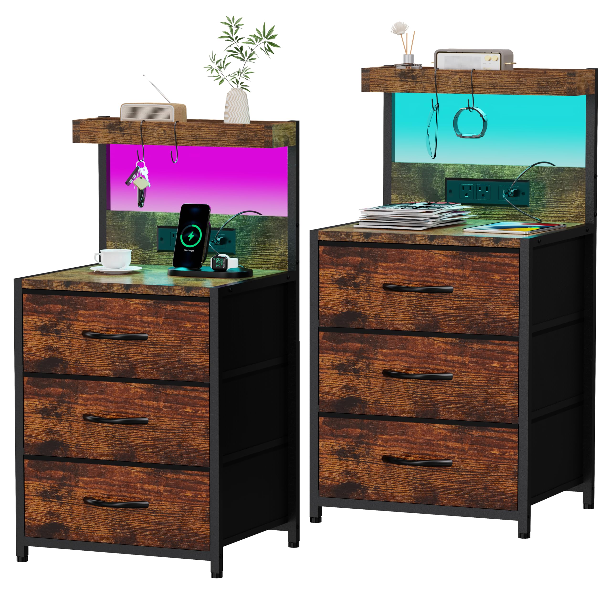 Szlhanjz Nightstands Set Of 2, End Table With Led Light And Charging Station Type C, 3 Drawers Storage Dresser Night Stand With Hooks, Tall Bed Side Table For Bedroom Dorm, Rustic Brown