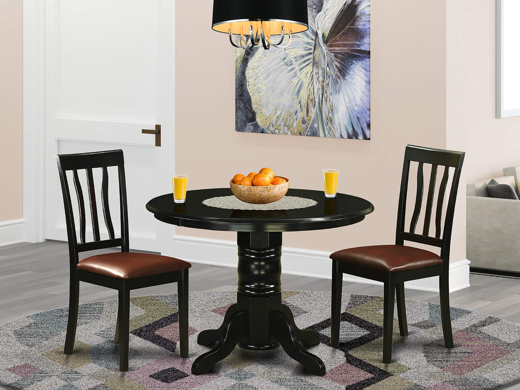 East West Furniture SHAN3-BLK-LC 3 Piece Dining Set Contains a Round Dining Room Table with Pedestal and 2 Faux Leather Upholstered Chairs, 42x42 Inch, Black