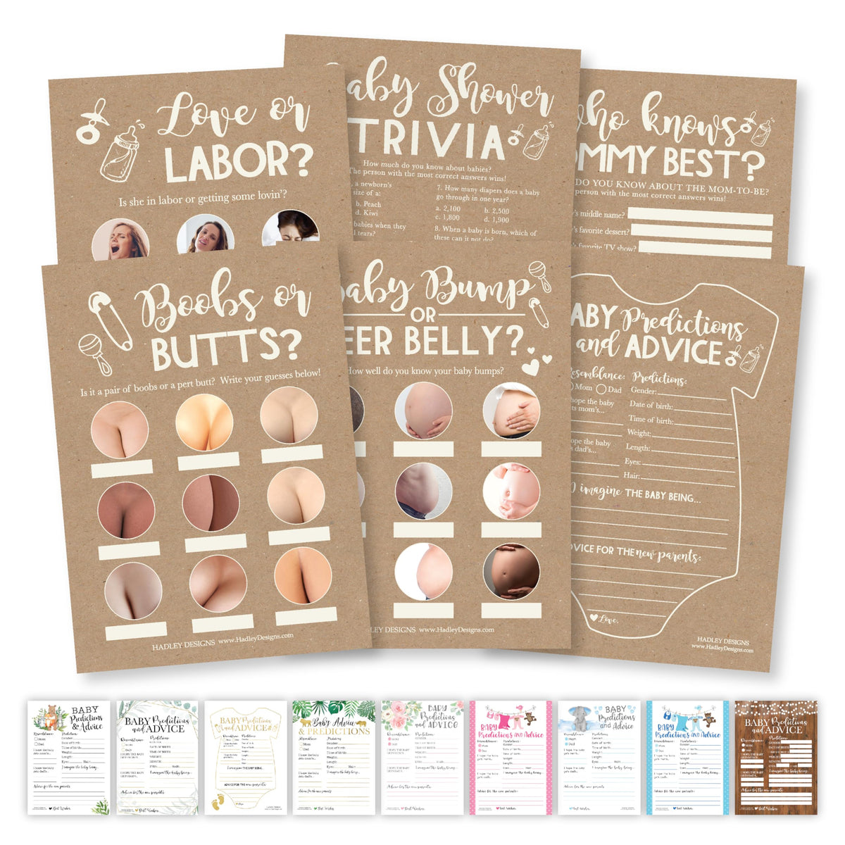 Hadley Designs 75 Rustic Baby Shower Games Gender Neutral, 6 Games Double Sided, Who Knows Mommy Baby Shower Game, Baby Shower A