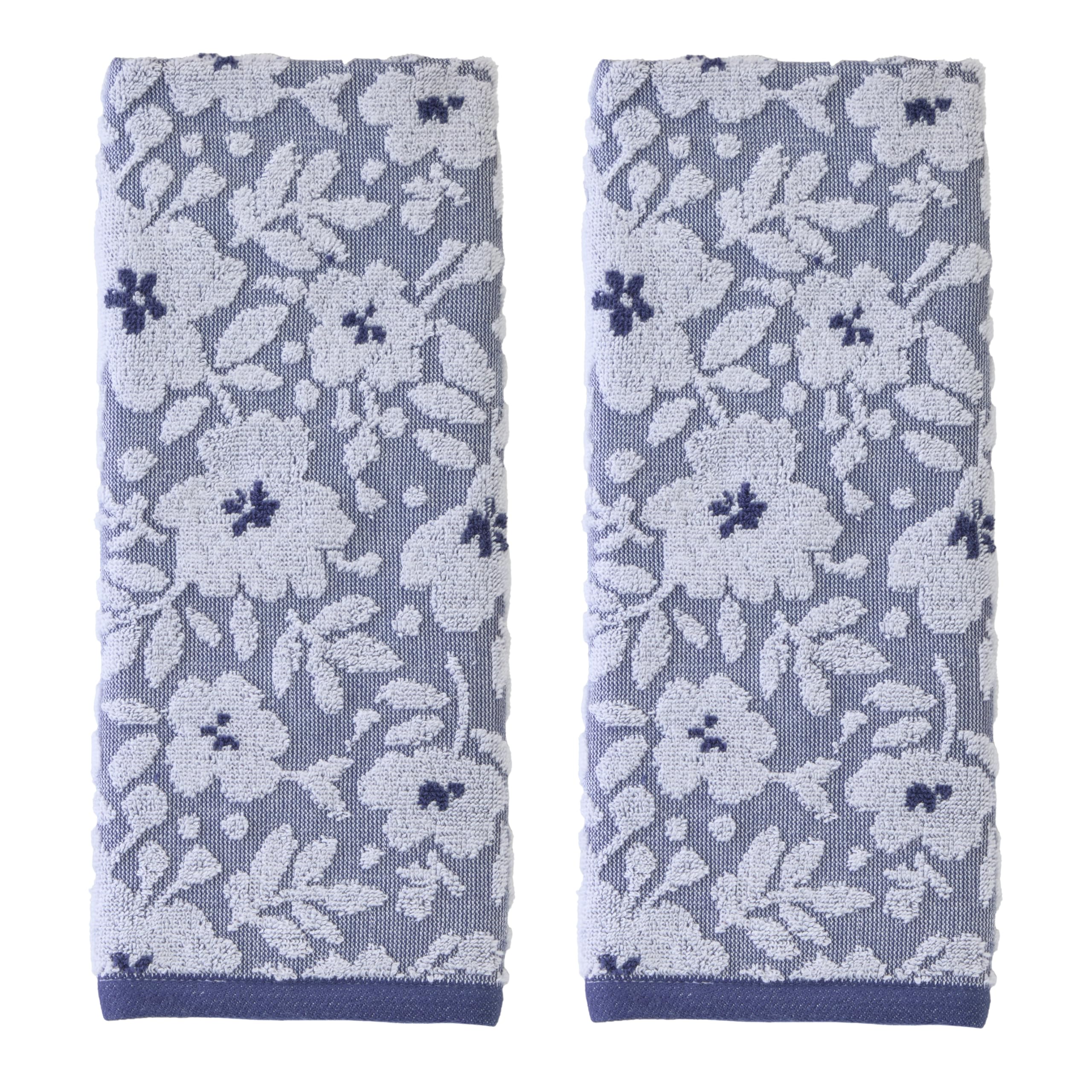 SKL Home Floral Jacquard 100% Cotton 2pc Hand Towel Set, Reversible & Decorative for Bath/Kitchen/Bar & Gift, Twilight