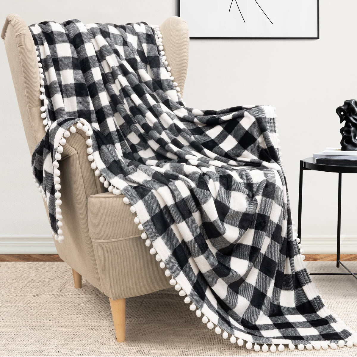 Pavilia Pom Pom Blanket Throw Twin, Buffalo Plaid White Black Check | Soft Fleece Pompom Fringe Blanket Couch Bed Sofa | Decorat
