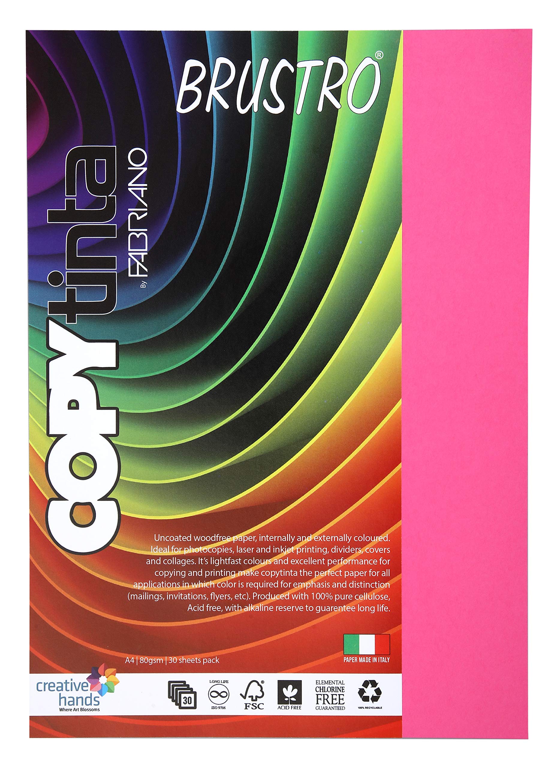 BRUSTRO Copytinta Coloured Craft Paper A4 Size 80 GSM Pink Shade (FUCSIA), 30 Sheets Pack. Double Side Coloured for Office Print