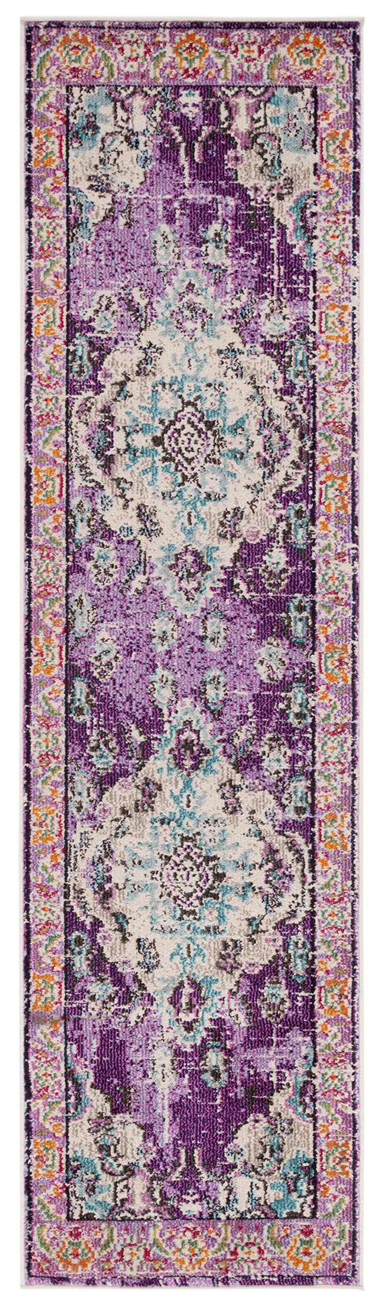 SAFAVIEH Monaco Collection Runner Rug - 22 x 10, Violet & Light Blue, Boho Chic Medallion Distressed Design, Non-Shedding & Ea