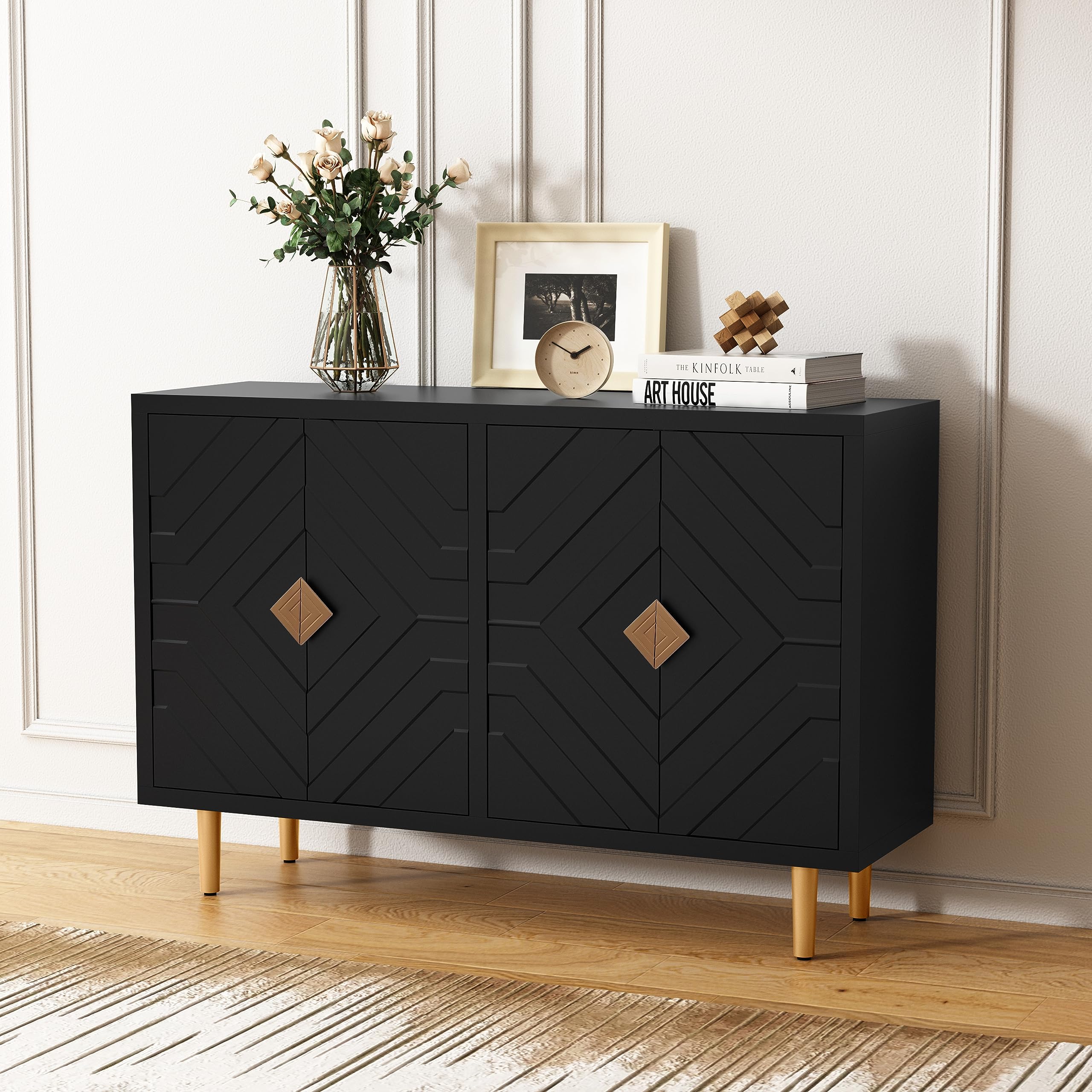 HLR 48  Accent Cabinet with 4 Doors and Shelves, Modern Sideboard Buffet Cabinet with Decorative Embossed Pattern Doors, Credenz