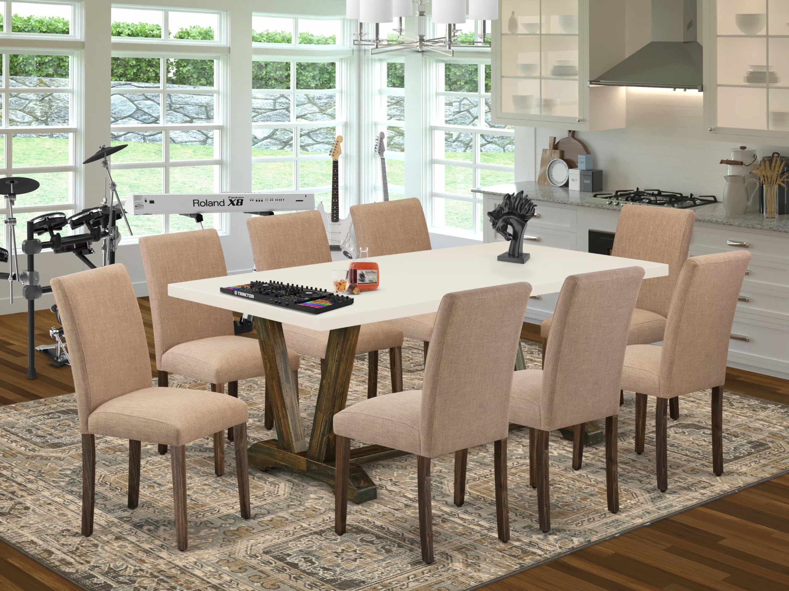 East West Furniture V727Ab747-9 9 Piece Dining Table Set Includes A Rectangle Dining Room Table With V-Legs And 8 Light Sable Linen Fabric Upholstered Chairs, 40X72 Inch, Multi-Color
