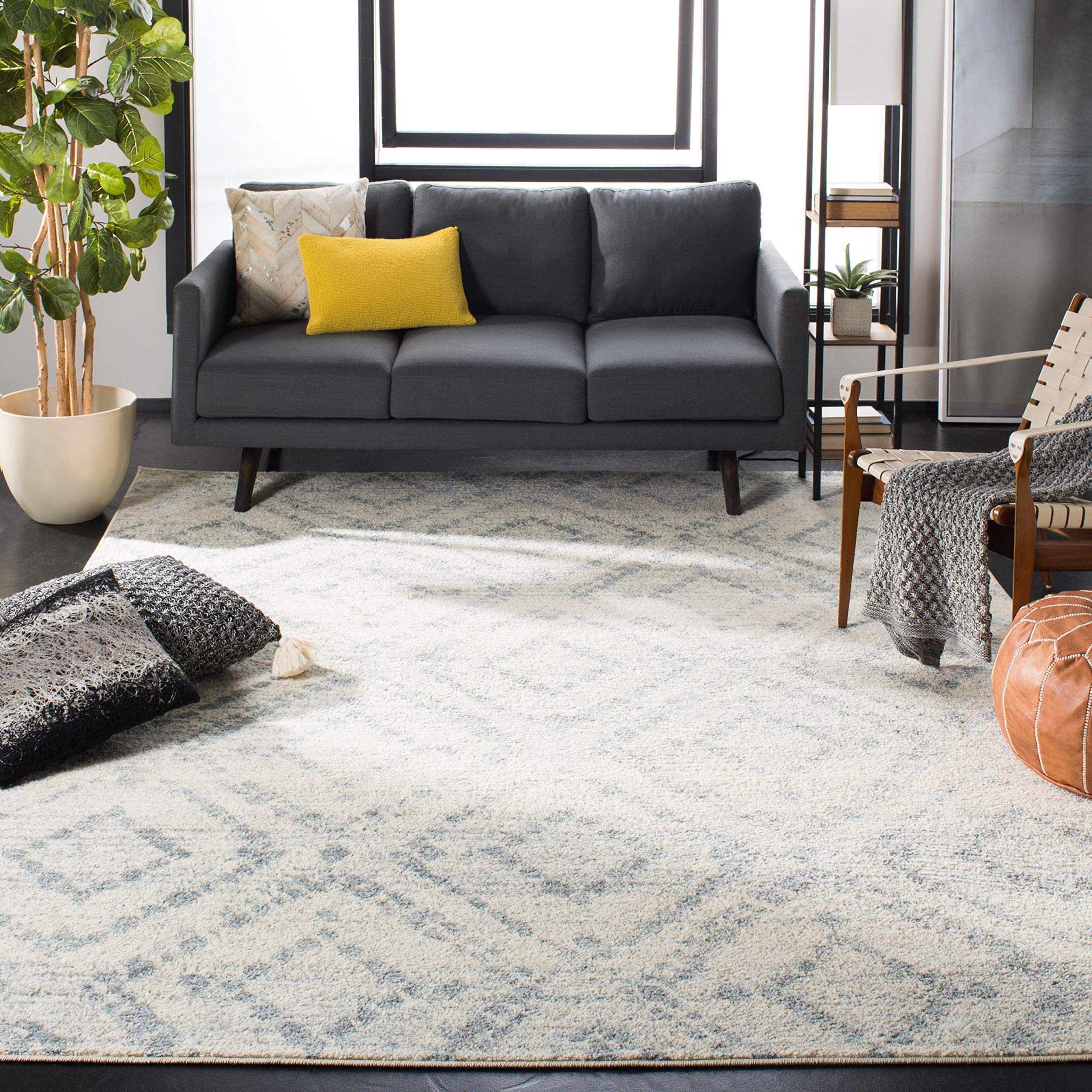SAFAVIEH Adirondack Collection Area Rug - 8 x 10, Ivory & Light Blue, Modern Diamond Distressed Design, Non-Shedding & Easy Ca