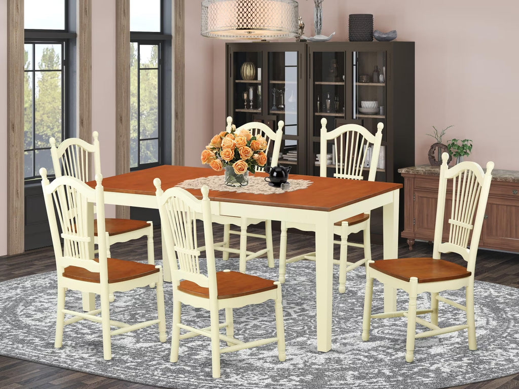 East West Furniture NIDO7-WHI-W 7 Piece Set Consist of a Rectangle Dining Room Table with Butterfly Leaf and 6 Wood Seat Chairs, 36x66 Inch, Buttermilk & Cherry