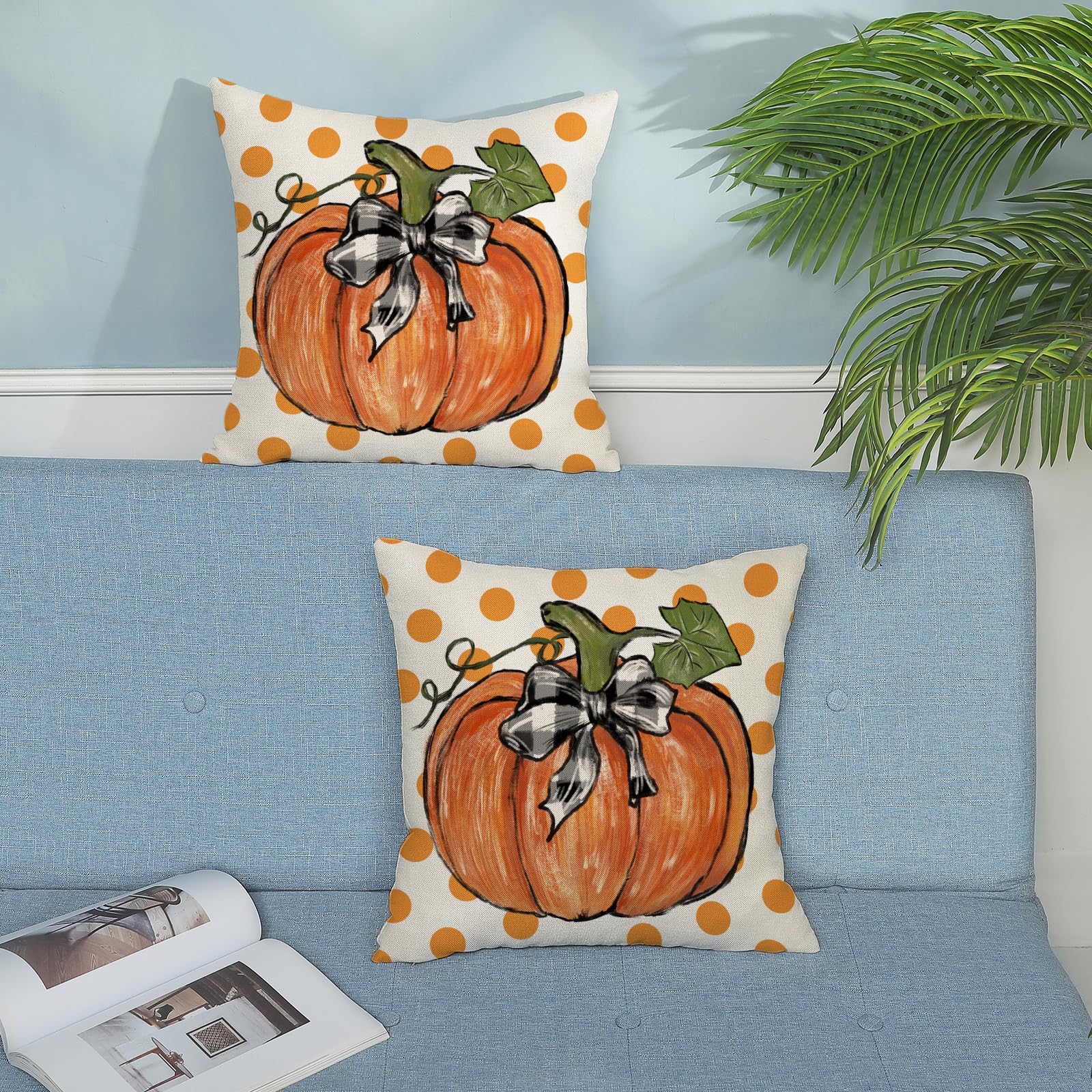 Gohdiwh Fall Pillow Covers 16X16 Set Of 2 Orange Pumpkin Leaf And Polka Dot Fall Decor Pillowcase Autumn Thanksgiving Decorative