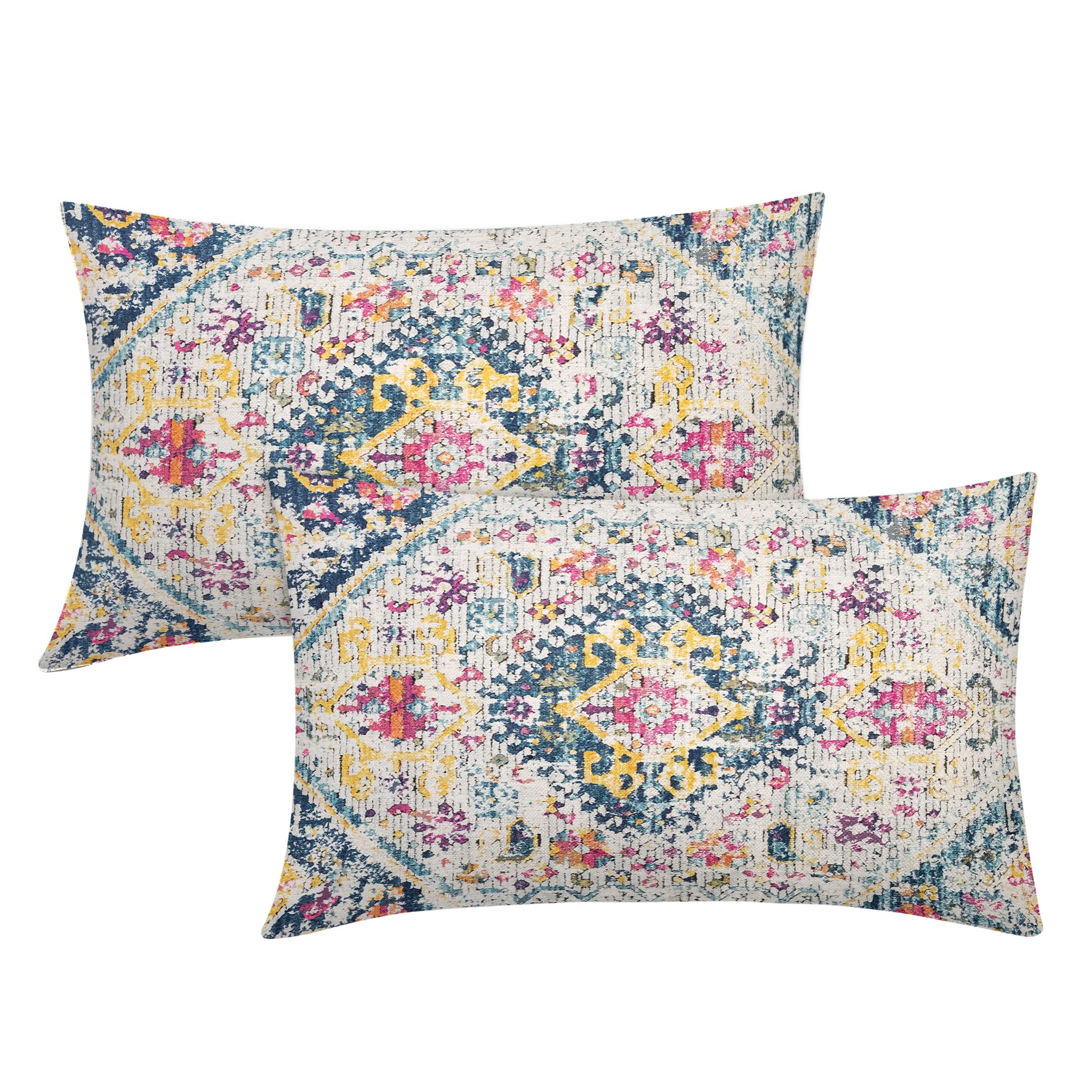 Navy Pink Yellow Vintage Bohemian Lumbar Pillow Covers 12X20 Inch Blue Cream Boho Flower Rug Print Oriental Carpet Pillow Cases
