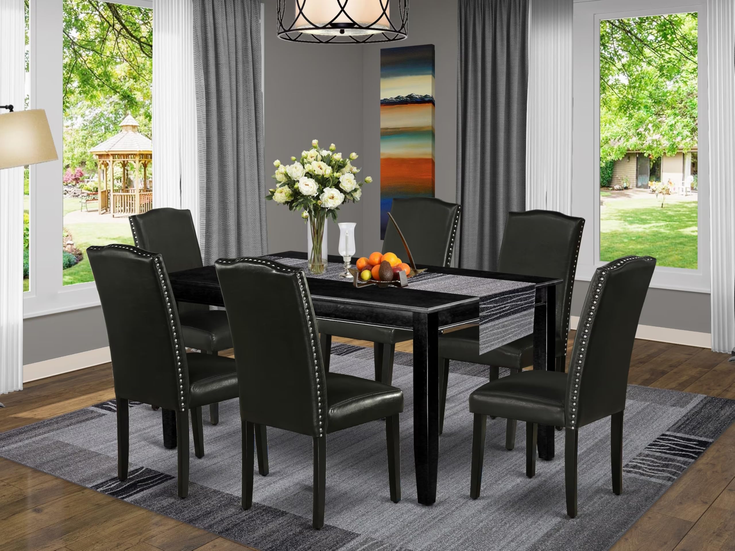 East West Furniture Duen7-Blk-69 7 Piece Dining Table Set Consist Of A Rectangle Kitchen Table And 6 Black Faux Leather Parson Dining Chairs, 36X60 Inch, Black
