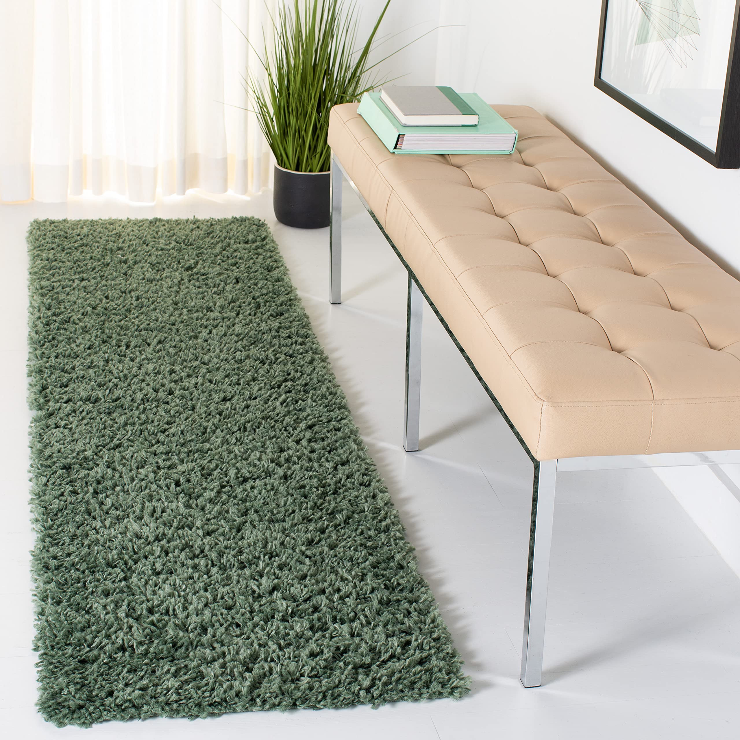 SAFAVIEH August Shag Collection Runner Rug - 2 x 8, Green, Solid Design, Non-Shedding & Easy Care, 1.5-inch Thick Ideal for Hi