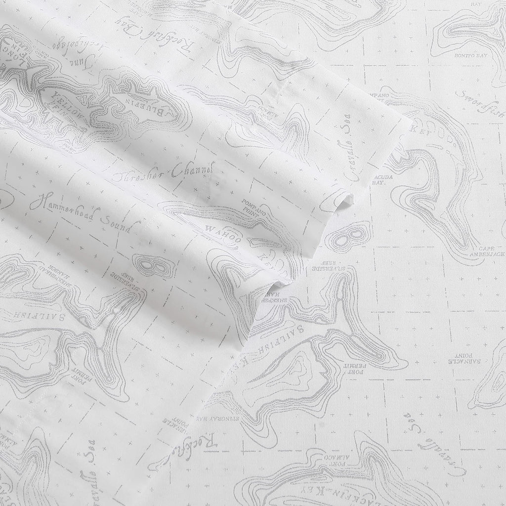 Eddie Bauer Home Sheets Cotton Percale Bedding Set, Crisp & Cool, Stylish Home Decor, King, Fish Atol White/Grey