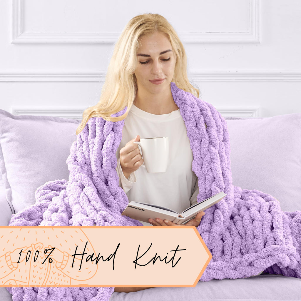 Adyrescia Chunky Knit Blanket Throw | 100% Hand Knit With Jumbo Chenille Yarn (50''X60'', Pale Purple)