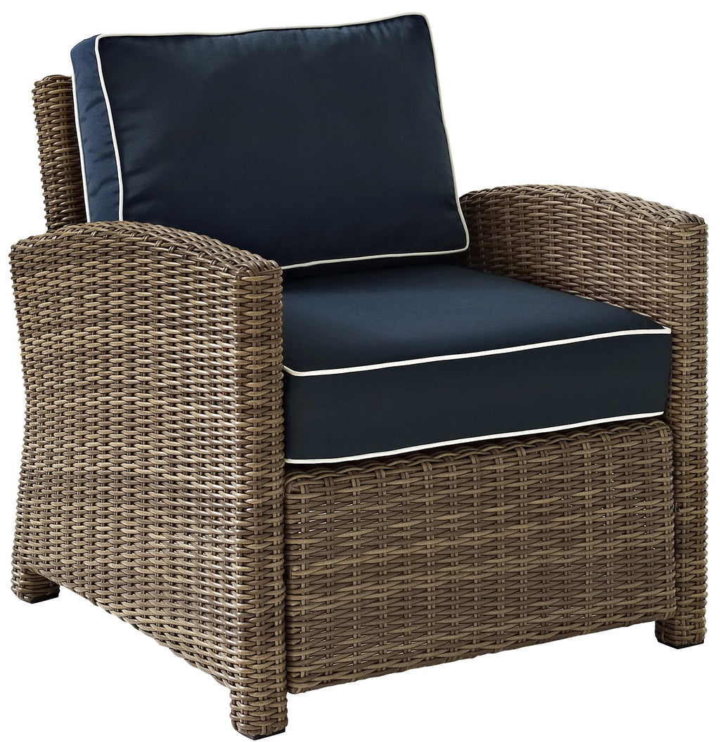 Crosley Furniture Bradenton 3-Piece Outdoor Chair and Side Table Set, Wicker Patio Conversation Sets, Brown with Navy Cushions