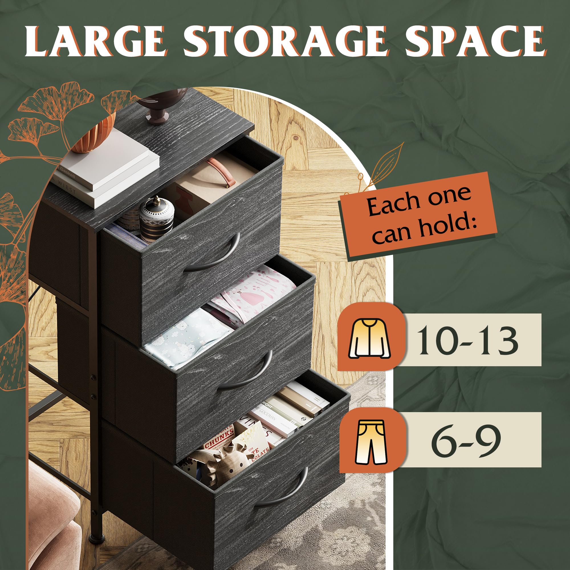 Wlive Nightstand With 3 Drawers, Fabric Dresser, Organizer Unit, Storage Dresser For Bedroom, Hallway, Entryway, Closets, Steel Frame, Wood Top, Easy Pull Handle, Charcoal Black Wood Grain Print