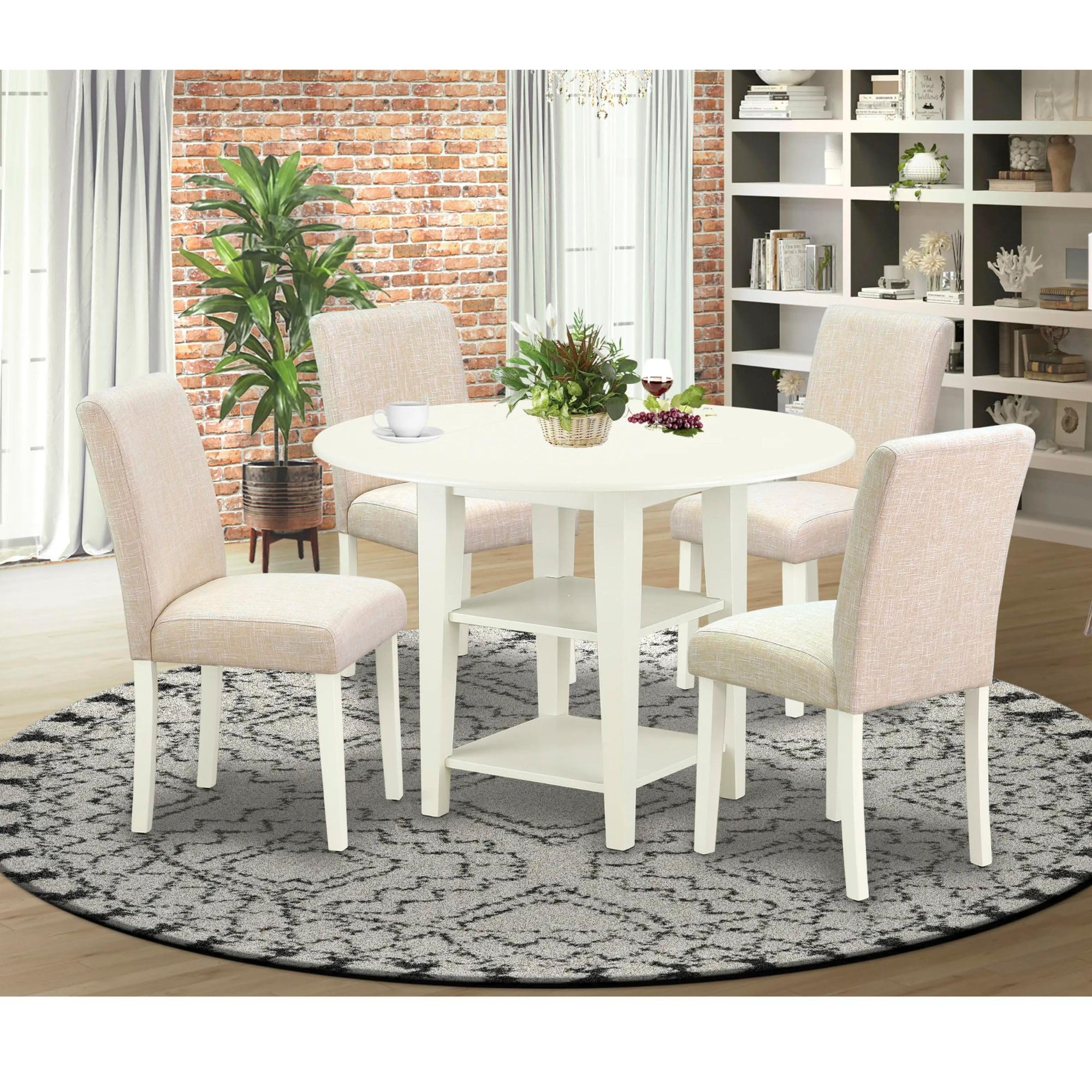 East West Furniture Suab5-Lwh-02 5 Piece Kitchen Table Set Includes A Round Dining Table With Dropleaf & Shelves And 4 Light Beige Linen Fabric Upholstered Chairs, 42X42 Inch, Linen White