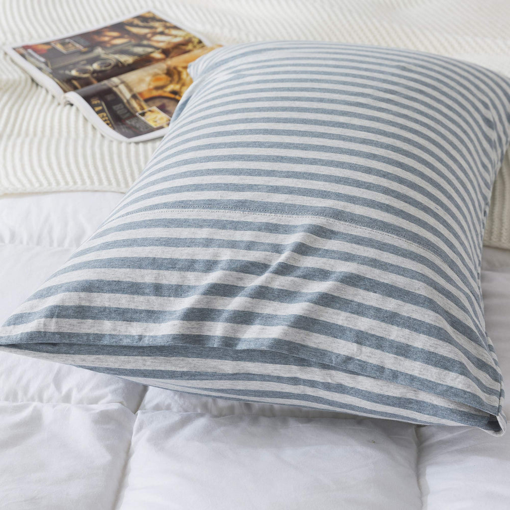 H Household Pillowcases, 100% Cotton Jersey Knit, Soft And Cozy, Wrinkle, Stain Resistant With Envelope Closure (Blue Stripe, Qu