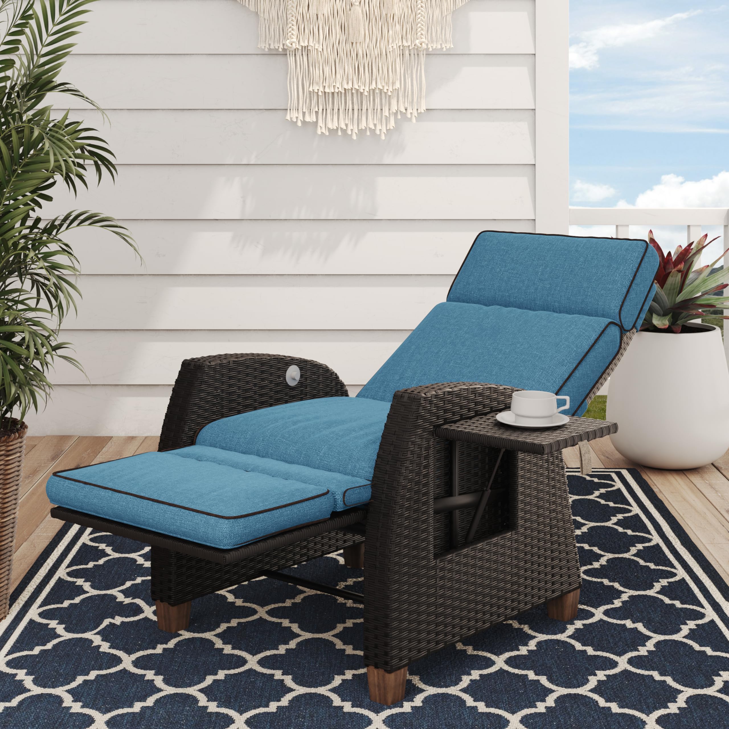Grand Patio Outdoor Recliner Chair Patio 150° Lay Flat Recliner With Flip Table Wicker Reclining Lounge Chair Peacock Blue
