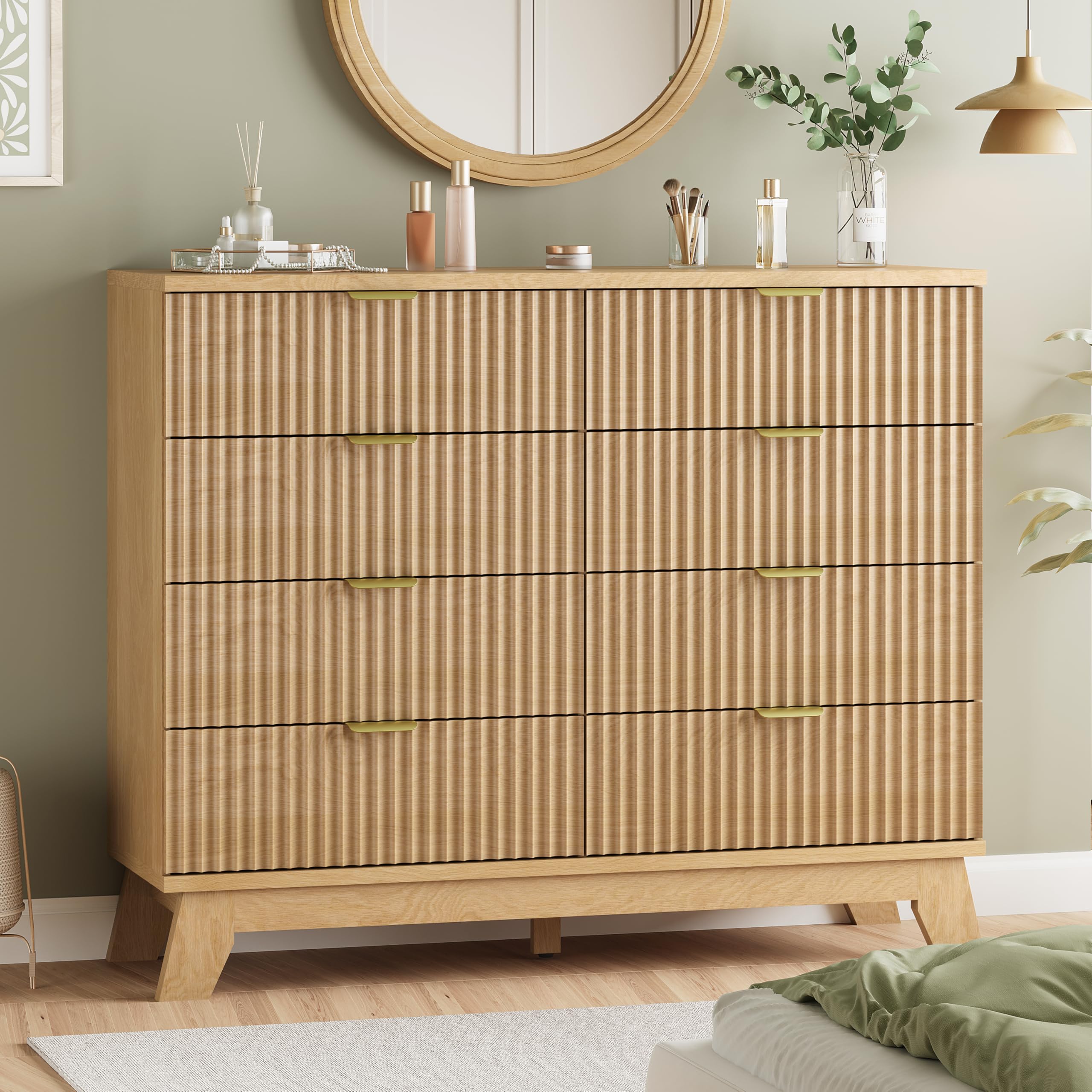 Fluted Dresser for Bedroom with 8 Drawers, 48 Wide Modern Chest of Drawers with Metal Handle, Wooden Dresser TV Stand, Wood Clos