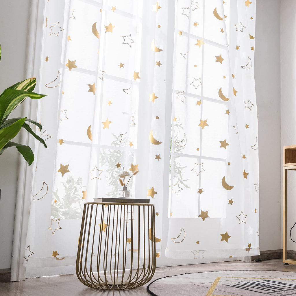Cute Star Moon Sheer Curtains 84 Inch Length For Boys Girls Bedroom - Rod Pocket Light Filtering Starry Night Theme Gold Foil Pr