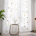 Cute Star Moon Sheer Curtains 84 Inch Length For Boys Girls Bedroom - Rod Pocket Light Filtering Starry Night Theme Gold Foil Pr
