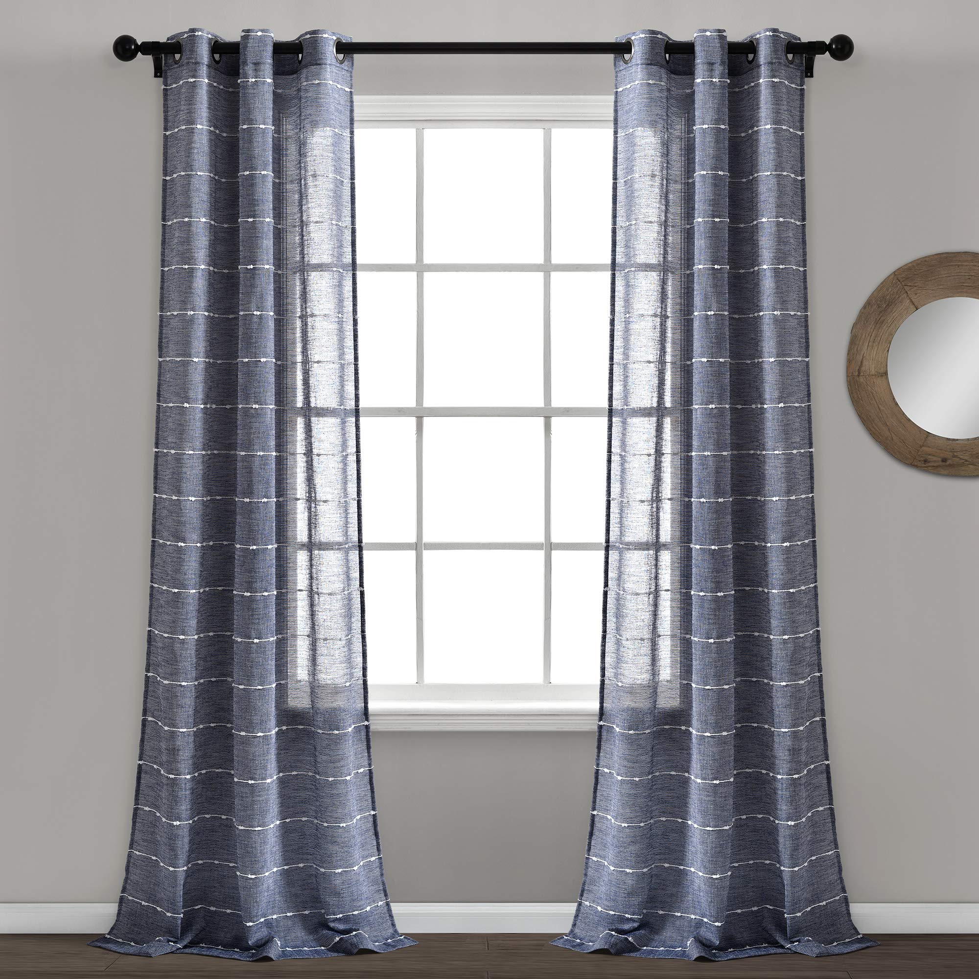 Lush Decor Farmhouse Textured Grommet Sheer Window Curtain Panel Pair, 38'W X 84'L, Navy