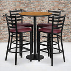 Flash Furniture Jamie 30'' Round Natural Laminate Table Set with Round Base and 4 Ladder Back Metal Barstools - Burgundy Vinyl Seat