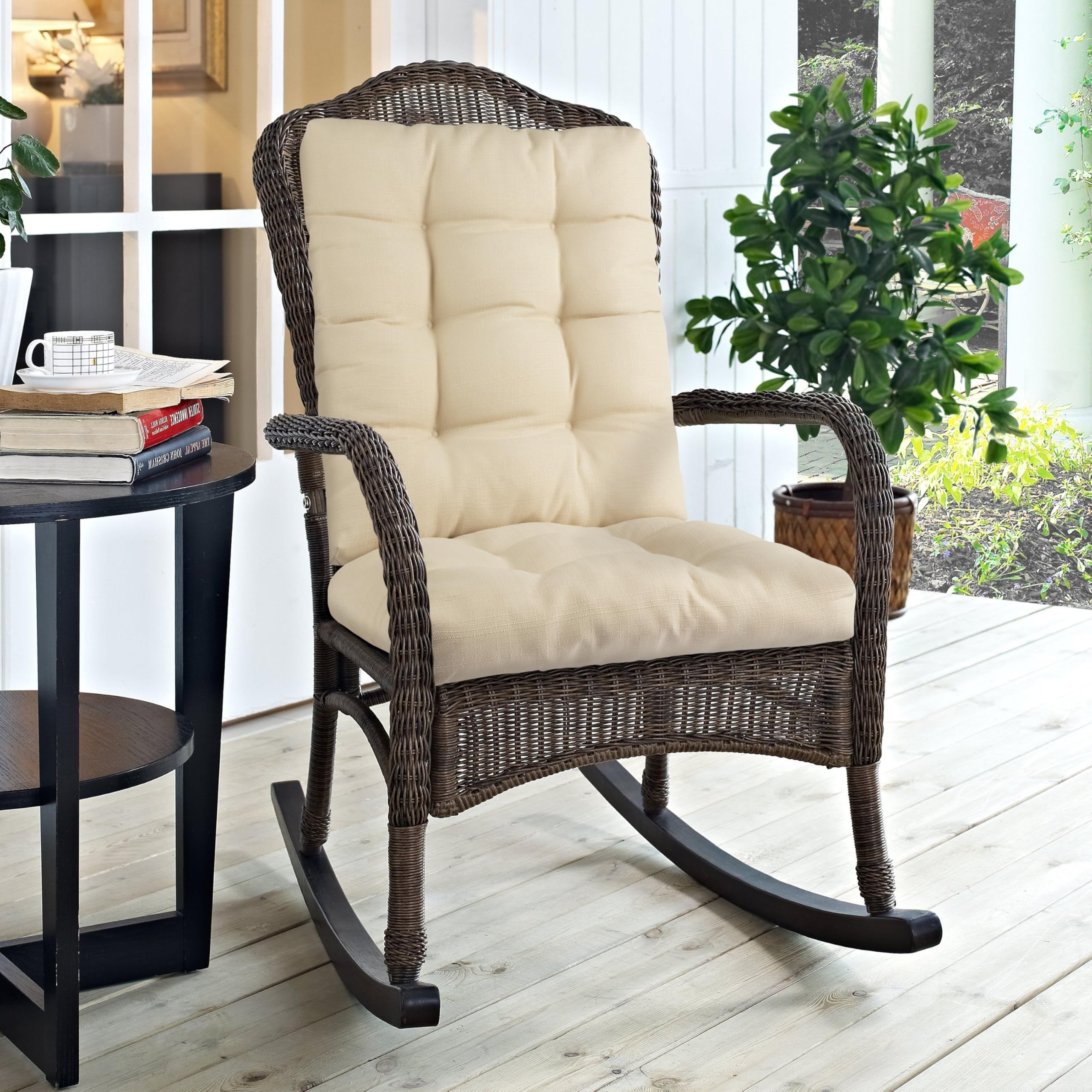 Magpie Fabrics Outdoor Rocking Chair Cushion Set, Tufted Pad For Rocking Chairs With Ties, Seat 19' X 17'/Back 21' X 19', Be