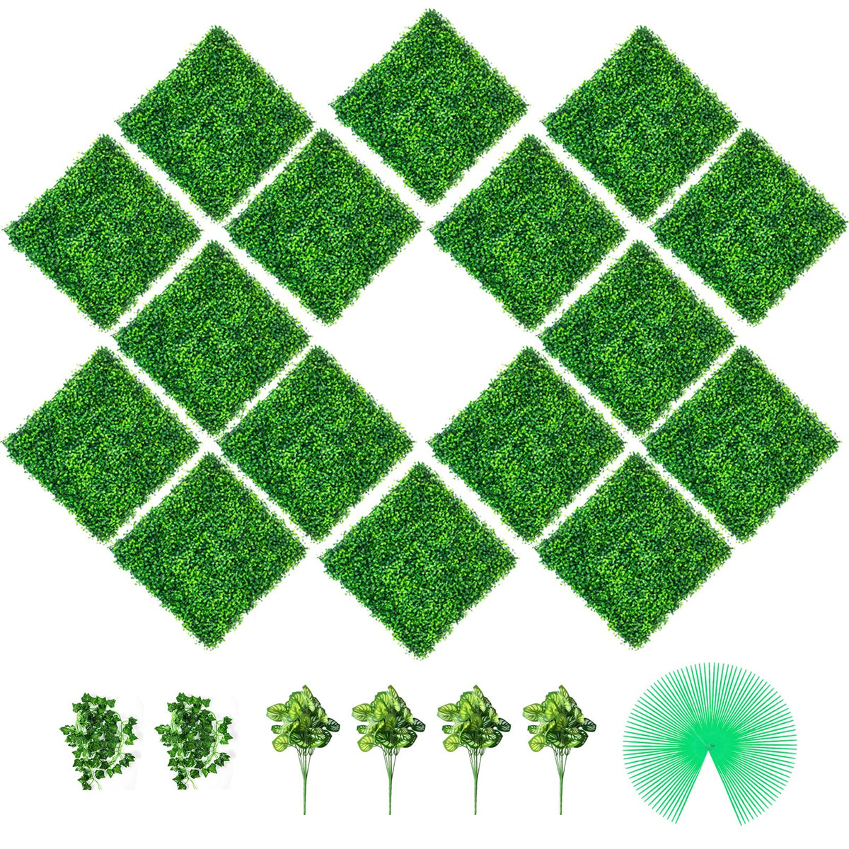Vevor Artificial Boxwood Panels, 16 Pcs 20'X20' Green Grass Wall Backdrop, Faux Boxwood Hedge Wall Panels 400 Stitches, Uv Pro