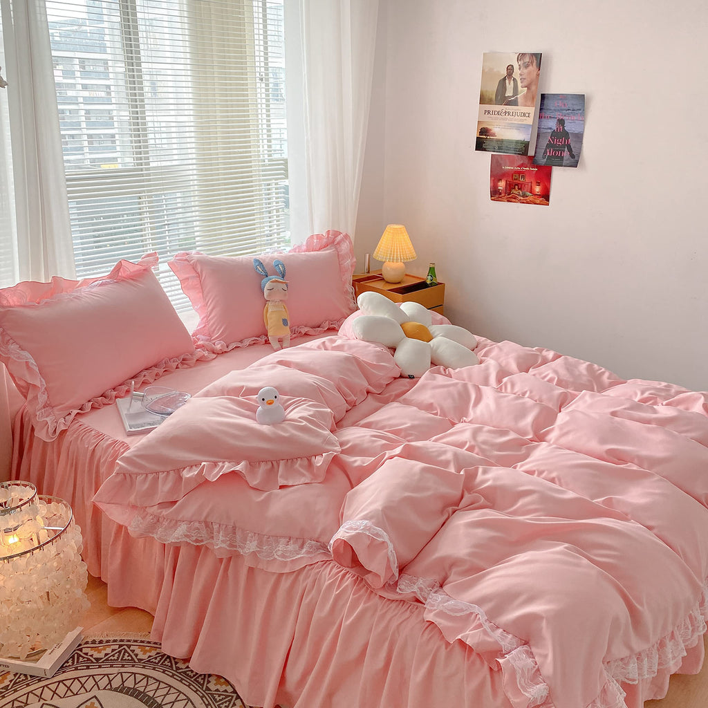 Moowoo Chic Ruffle Lace Polyester Duvet Cover Set -Girl Pink Bedding-3 Piece Full Duvet Cover With Zipper Closure -Ultra Soft An