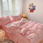 Moowoo Chic Ruffle Lace Polyester Duvet Cover Set -Girl Pink Bedding-3 Piece Full Duvet Cover With Zipper Closure -Ultra Soft An