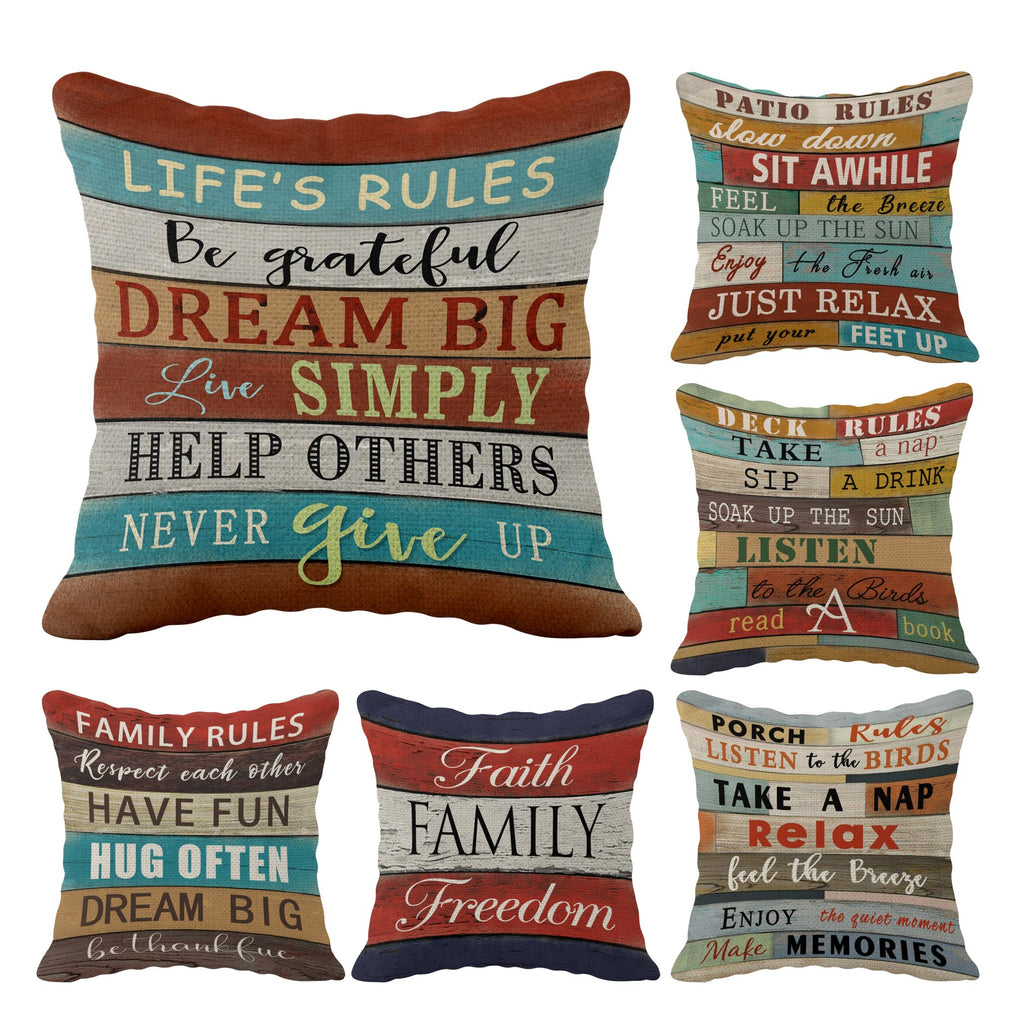 Porch Patio Deck Family Life'S Rules Throw Pillow Case, 18 X 18 Inch Set Of 6, Front Porch Bench Decorations, Housewarming Gift,