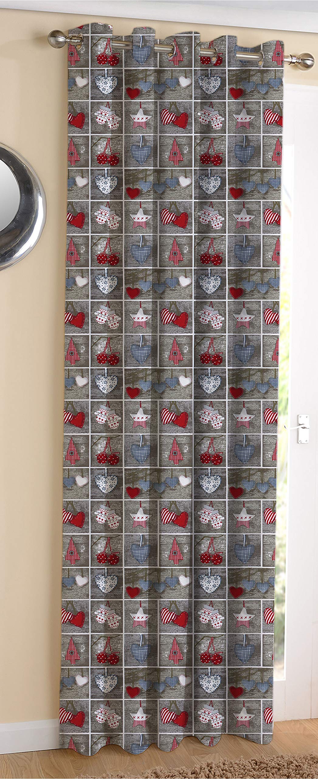AIRWILL Cotton XMass Heart Designed Blackout and Room Darkening 7ft Door Curtains Pack of 1 pc. (Motif  Red,Grey)