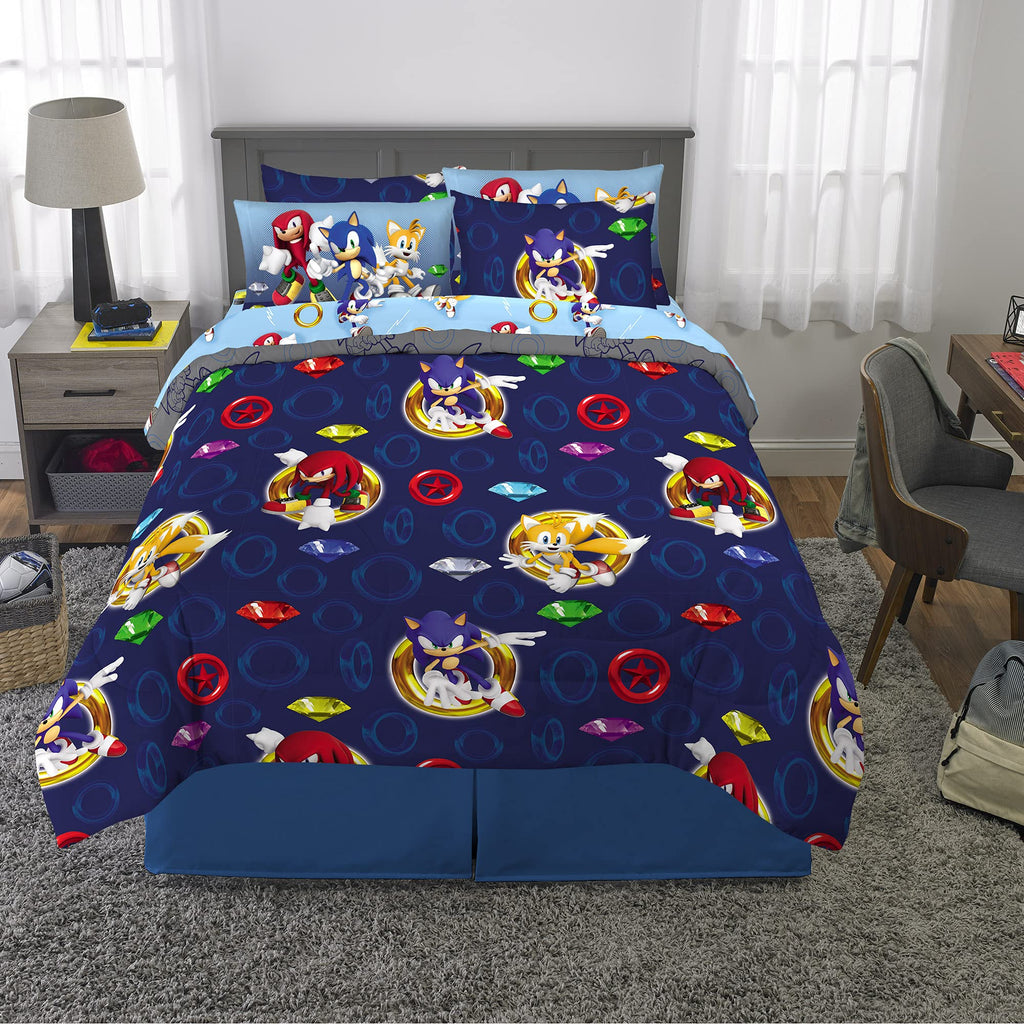 Franco Sonic the Hedgehog Kids Bedding Set, 7 Piece Queen Size, Super Soft Comforter and Sheet Set, Official Licensed Product
