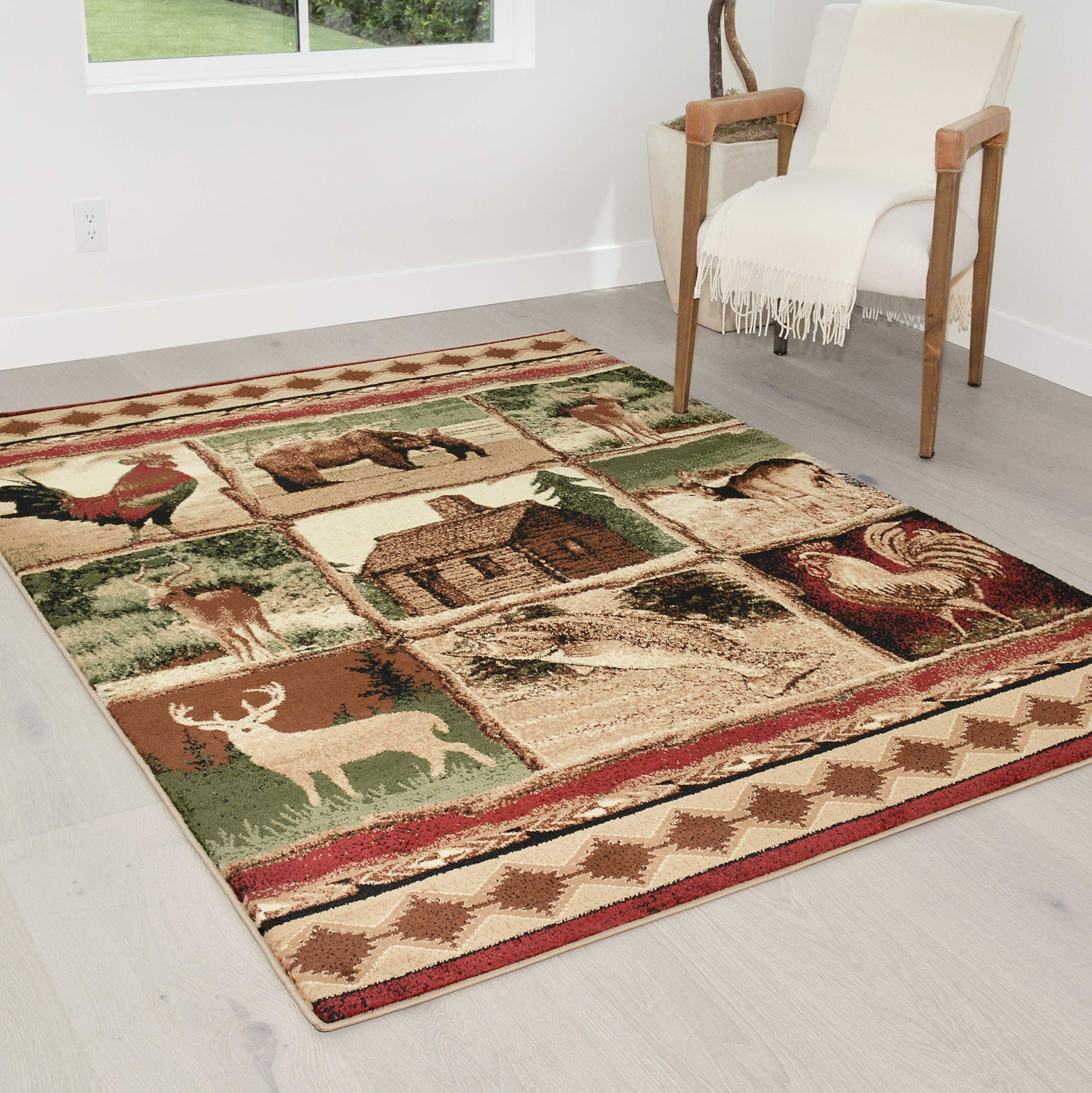 HR-Cabin Rug-Lodge Carpet-Modern Geometric-Abstract, Multicolor Design- Fish/Bear and Cub/Moose/Rooster