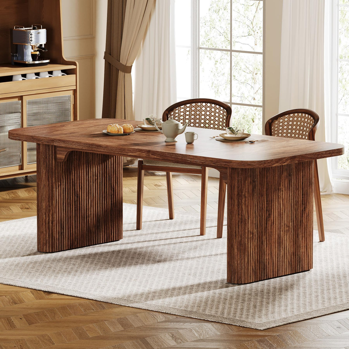 Tribesigns Modern Dining Table For 6 People, 63-Inch Dark Brown Kitchen Table With Double Robust Pedestal, Long Rectangle Wood D