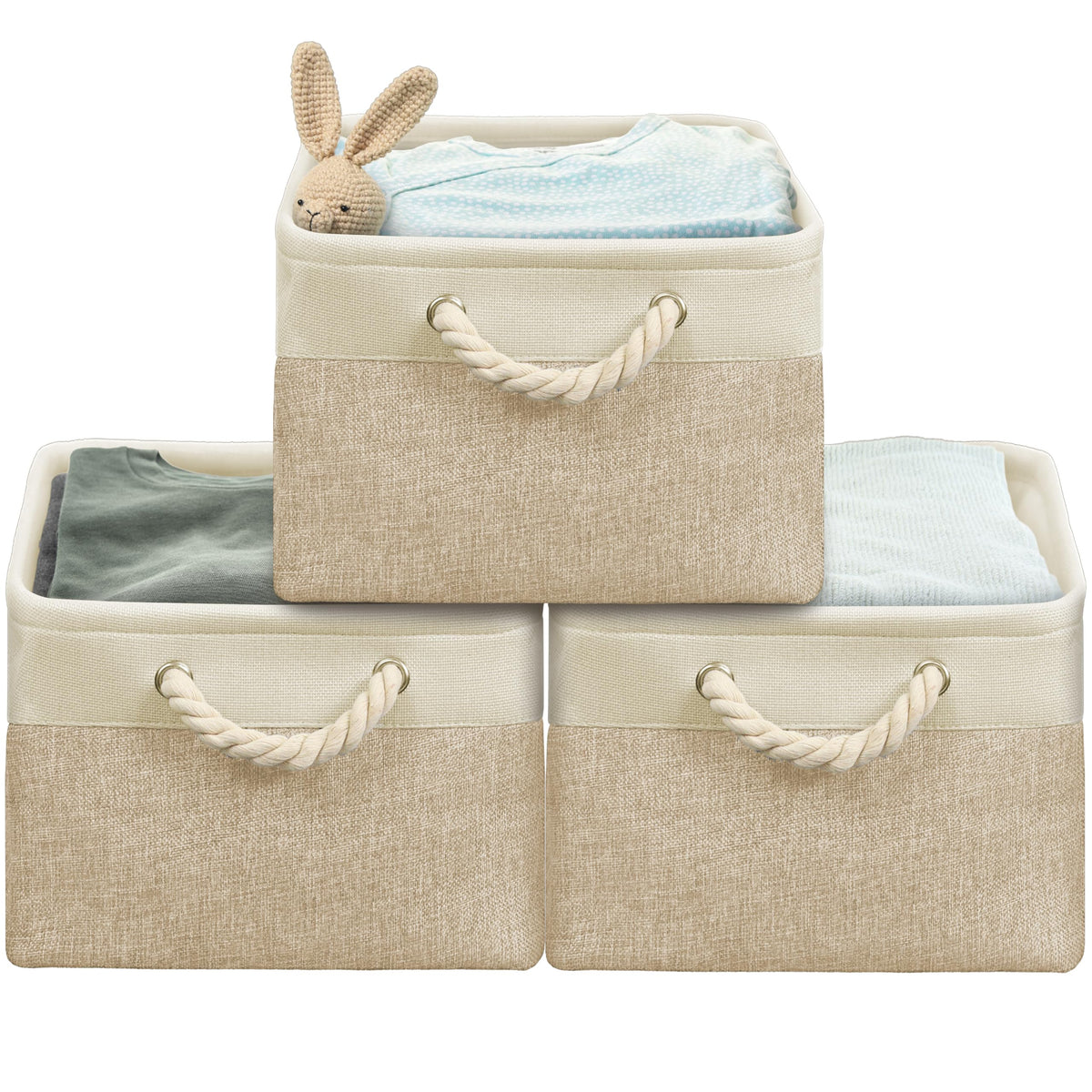 Simple Houseware 15.7 x 12 Wide & Low Fabric Storage Bin, 3 Pack, Beige
