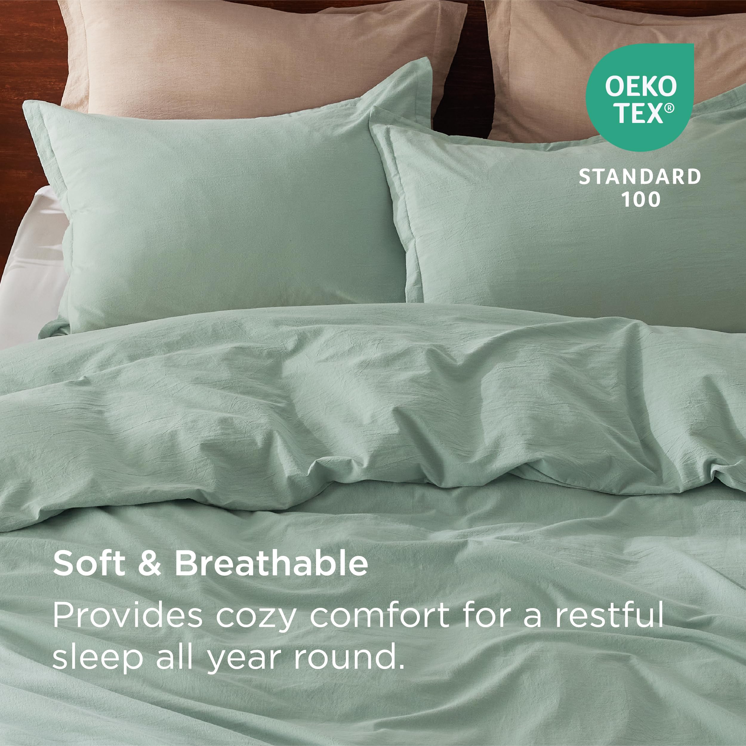 Bedsure 100% Washed Cotton Duvet Cover Queen - Sage Green Minimalist Cotton Duvet Cover Linen Like - 3 Pieces Gentlesoft™ Plain Simple Bedding Set With 2 Pillow Shams (Sage Green, Queen, 90'X90')
