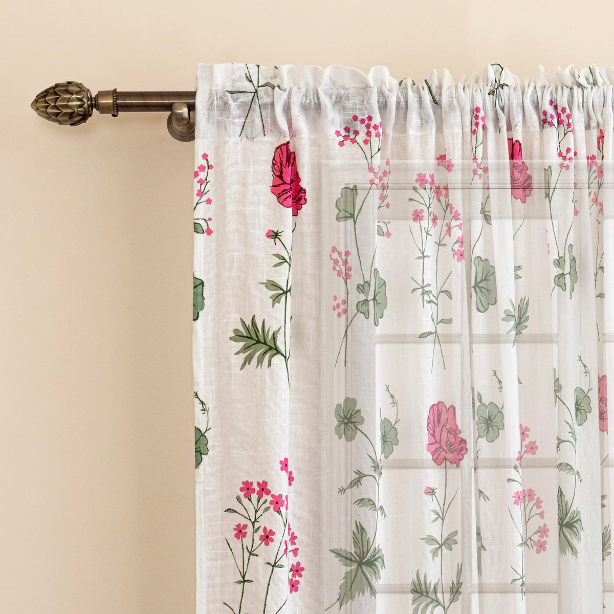 Homemonde Light Filtering Curtain 7 Feet Door  Cotton Sheer Floral Printed Curtains For Home Decoration, Pack Of 2  (Top Style