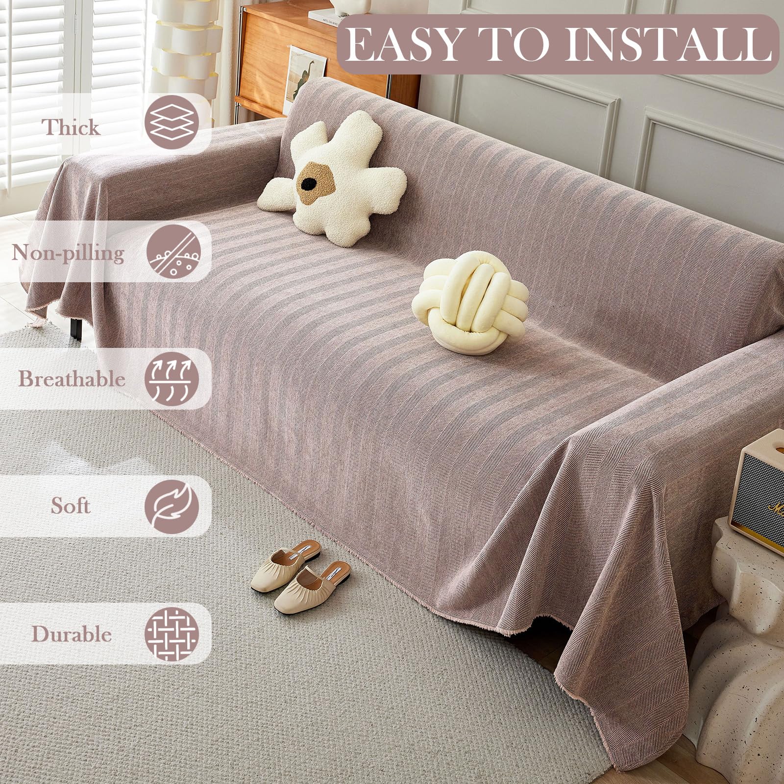 Handontime Soild Couch Covers For Dogs Pink-Purple Sofa Covers Boho Cover For Sofa 3 Seats Chenille Sofa Throw Cover Mauve Sofa Covers For 3 Cushion Couch Tassel Sofa Cover, 91' X150'