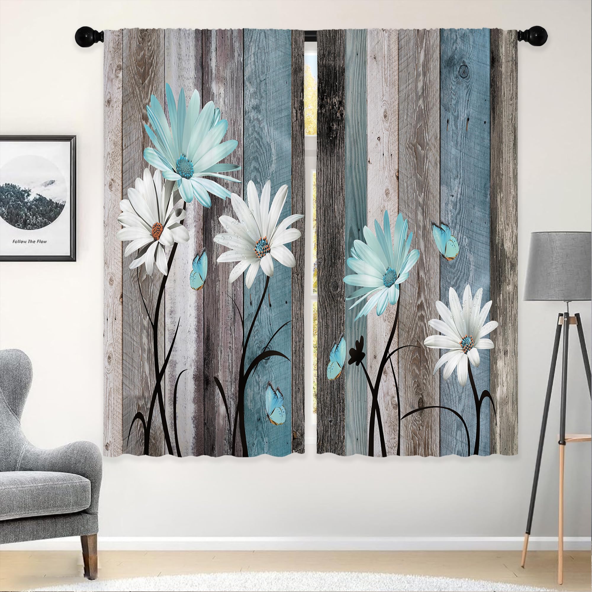 Laifzere Teal Farmhouse Daisy Curtains, Wooden Flower Window Curtains 42X63 Inch For Bedroom Living Room Decor, Rustic Floral Bu