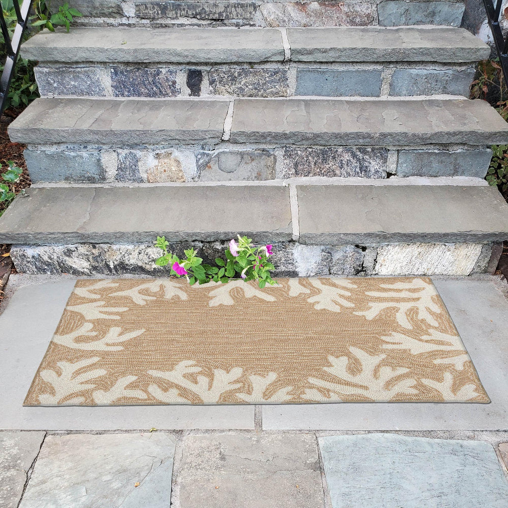 Liora Manne Capri Indoor/Outdoor Handmade Synthetic Blend Durable Area Rug - Traditional Border Coastal Beach Accent (Coral Border Neutral) (2'6' X 4')