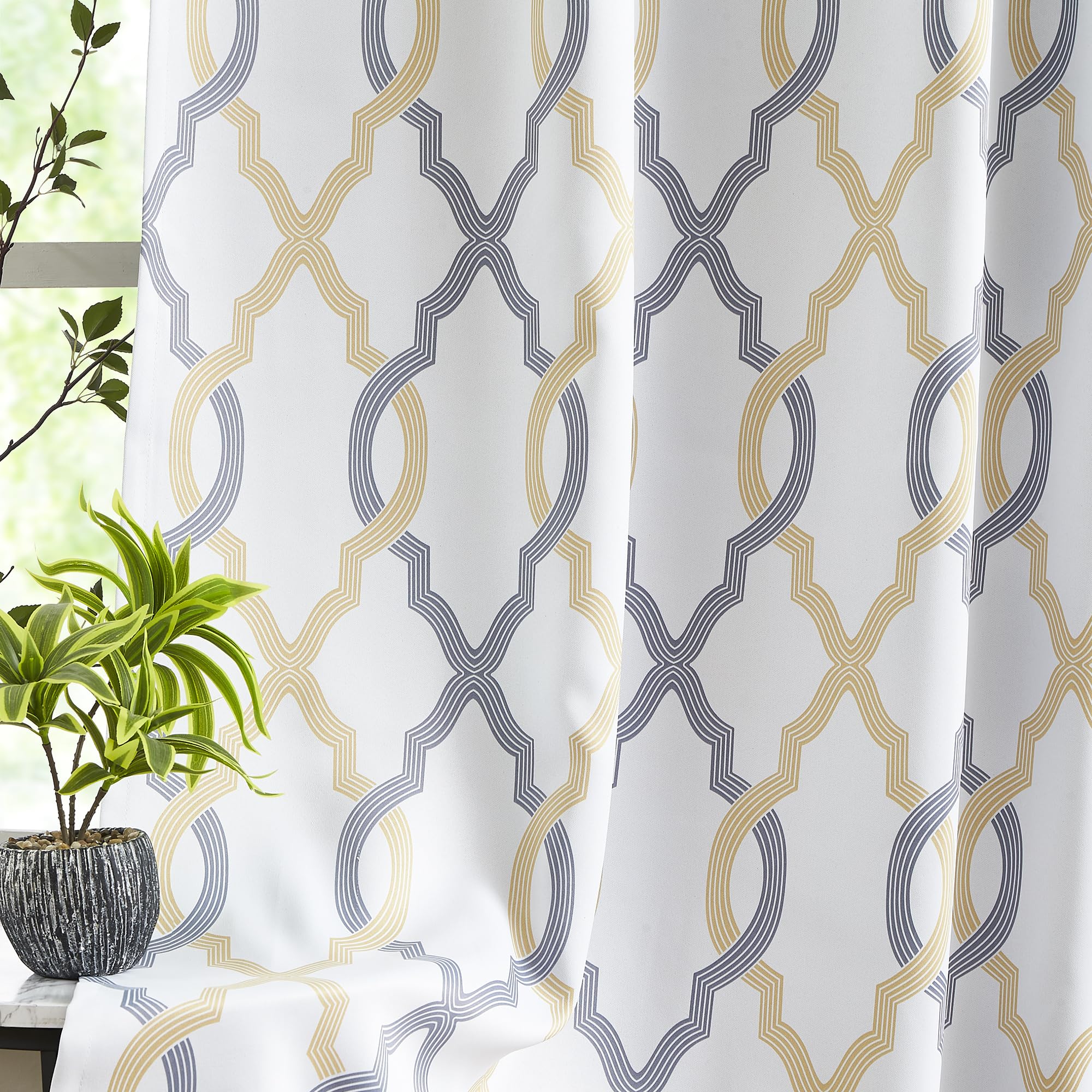 Ugoutry Yellow Grey Moroccan Full Blackout Curtains 63 Inch Length, Thermal Insulated Grommet Window Treatments For Living Room,