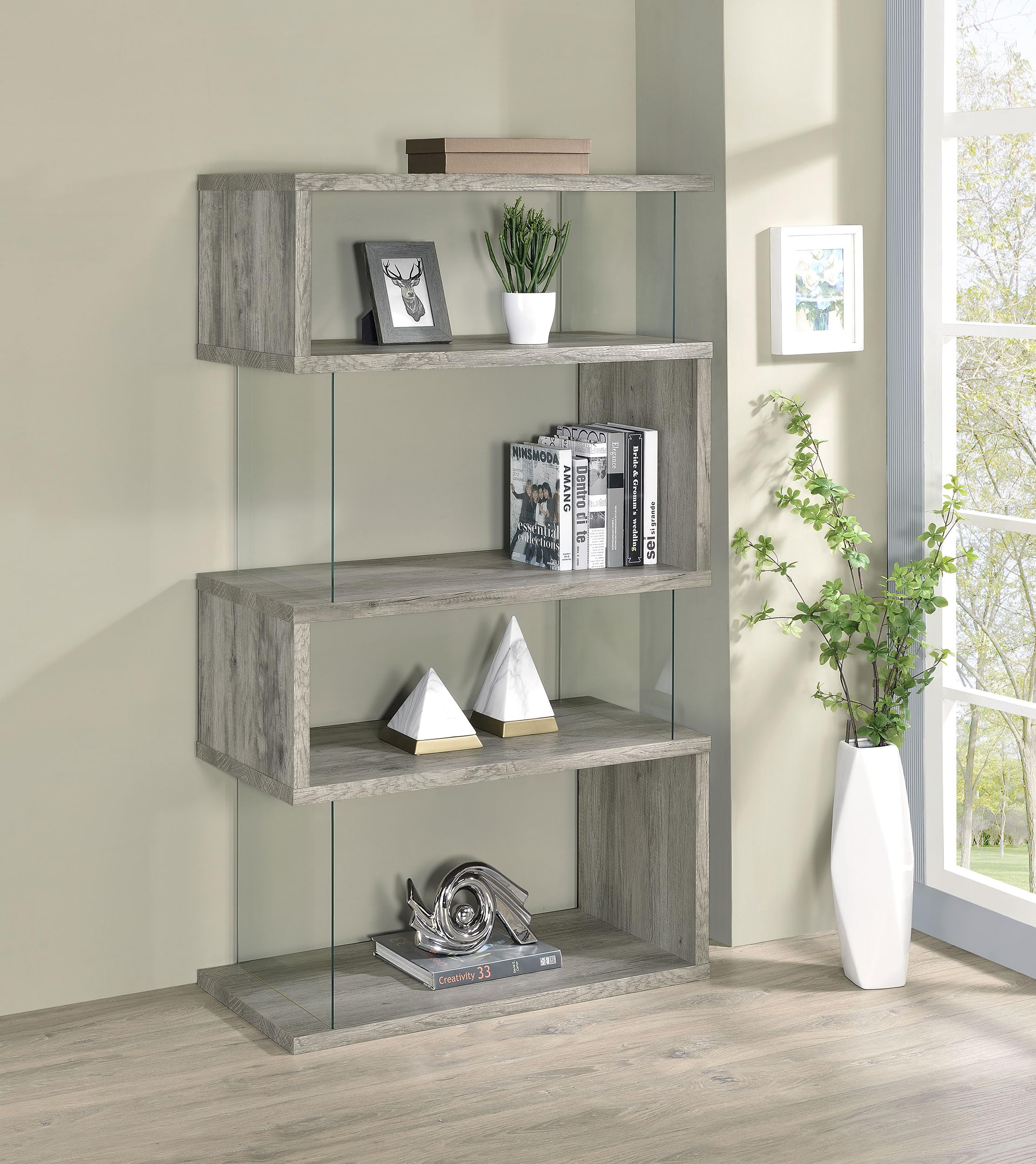 Coaster Home Furnishings Emelle 63-inch 4-Shelf Glass Panel Bookshelf Grey Driftwood